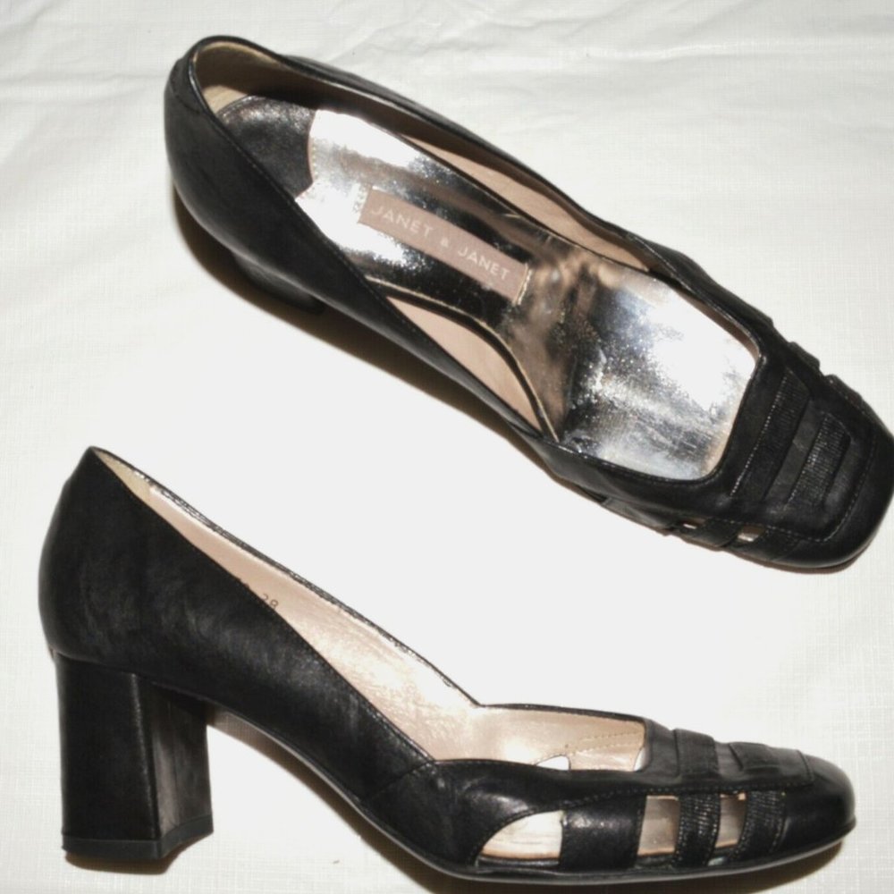 JANET & JANET SIZE 8 M 38 BLACK LEATHER CUT OUT CLASSIC PUMPS  HEELS SHOES ITALY